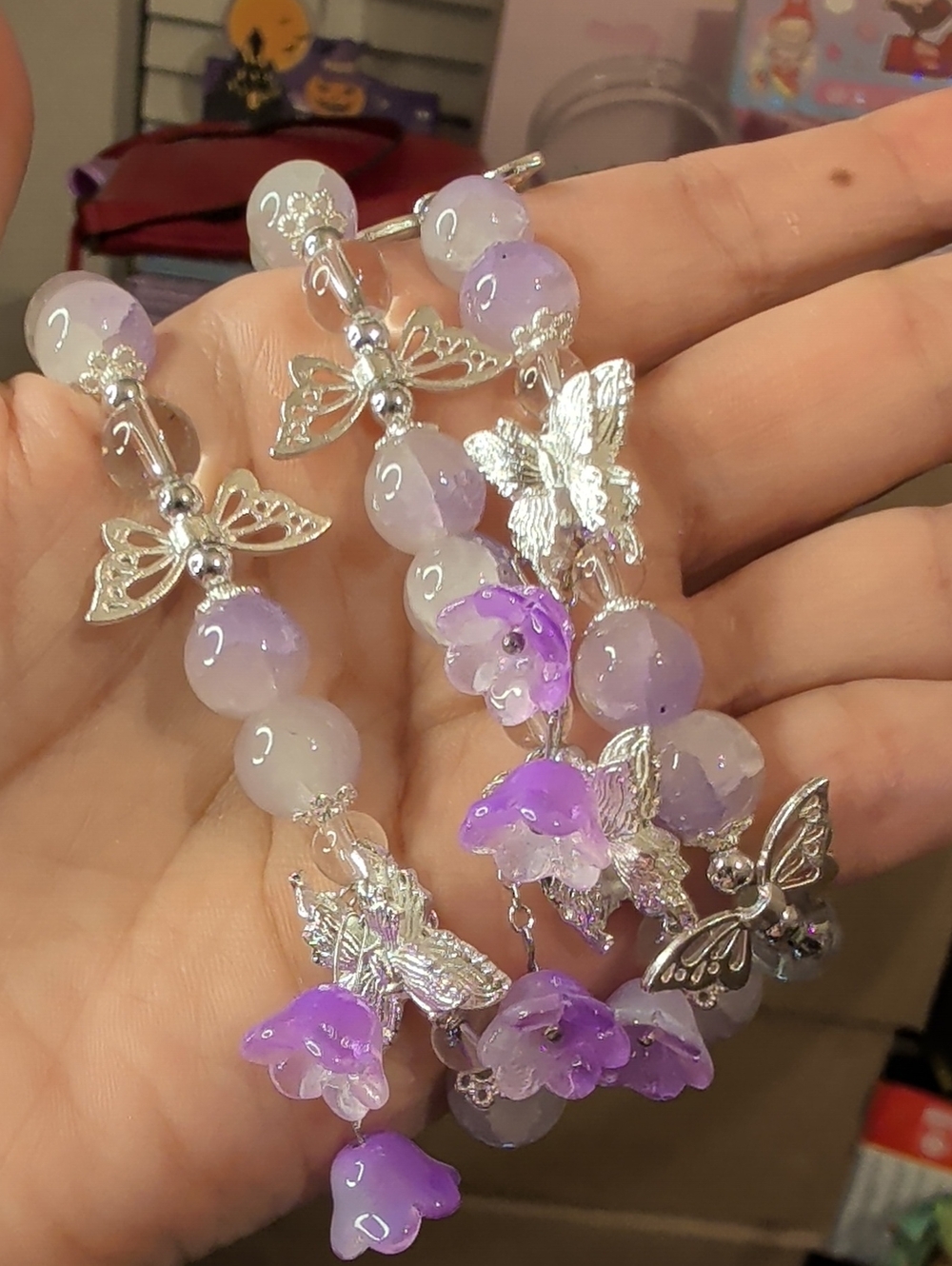 3 Butterfly & Purple Bead Women's Bracelet